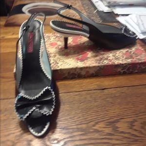 Black and white kitten heel peep toe, sling backs.